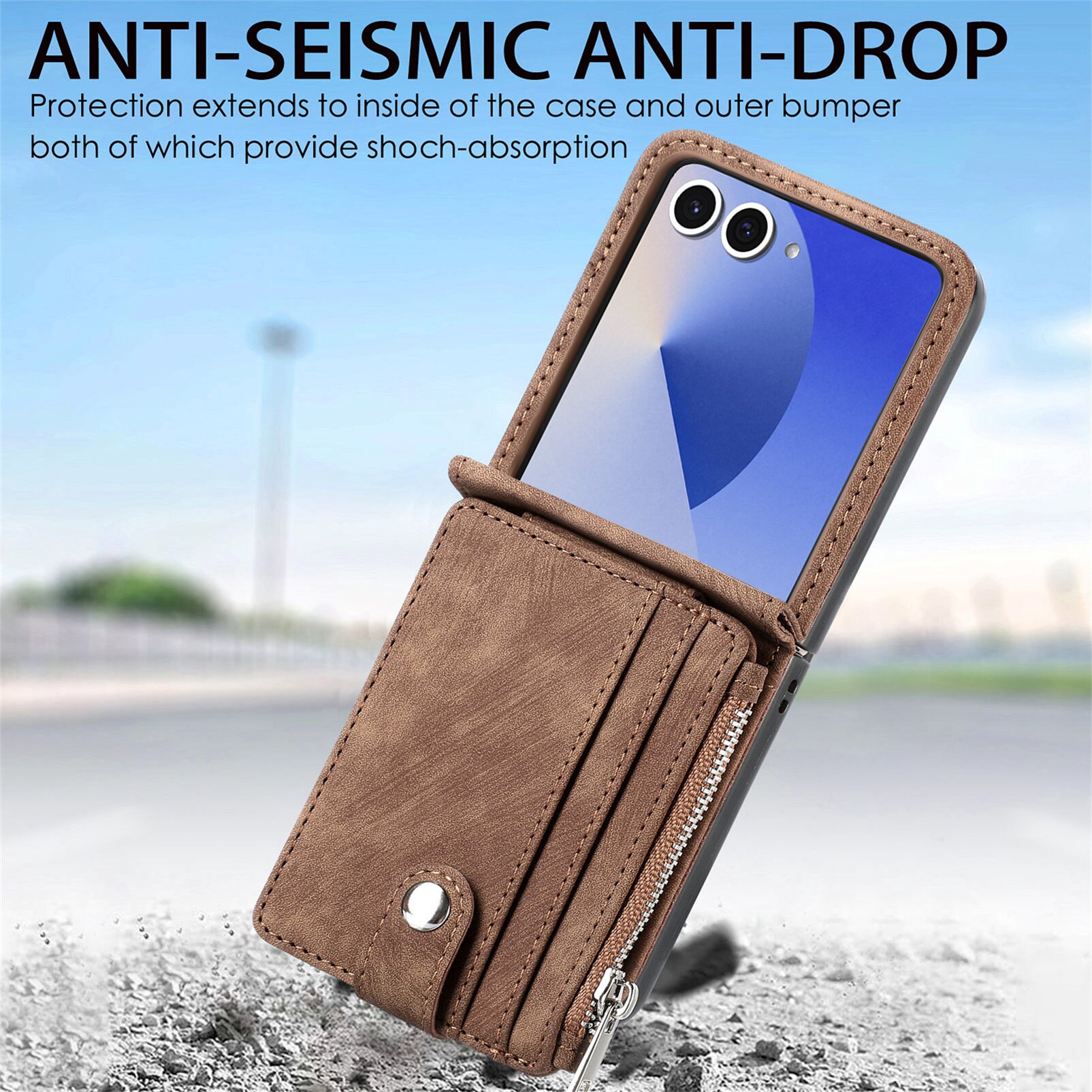 Samsung Galaxy Z Flip 7 Pung-etui med kortholdere og lynlås Brun