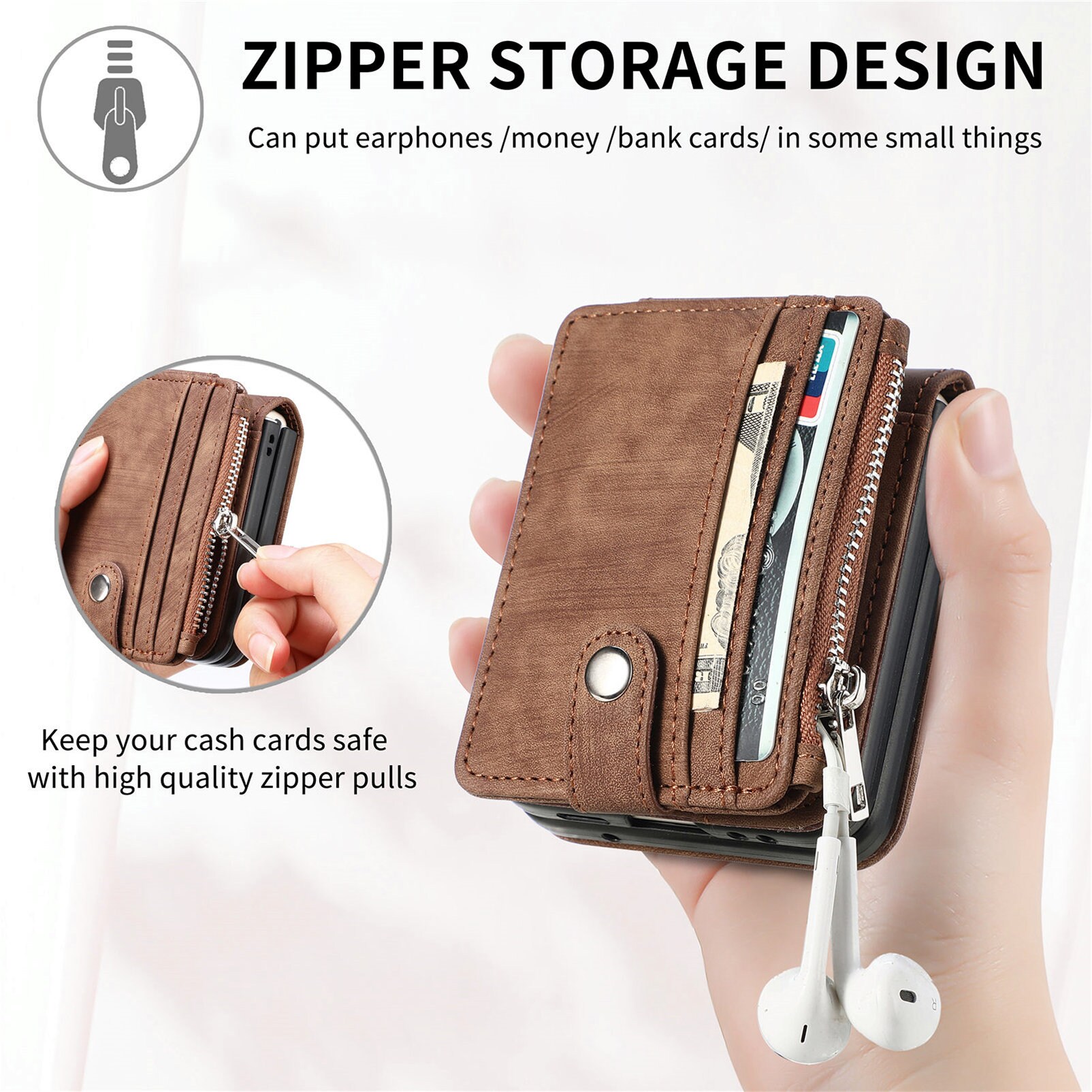 Samsung Galaxy Z Flip 7 Pung-etui med kortholdere og lynlås Brun