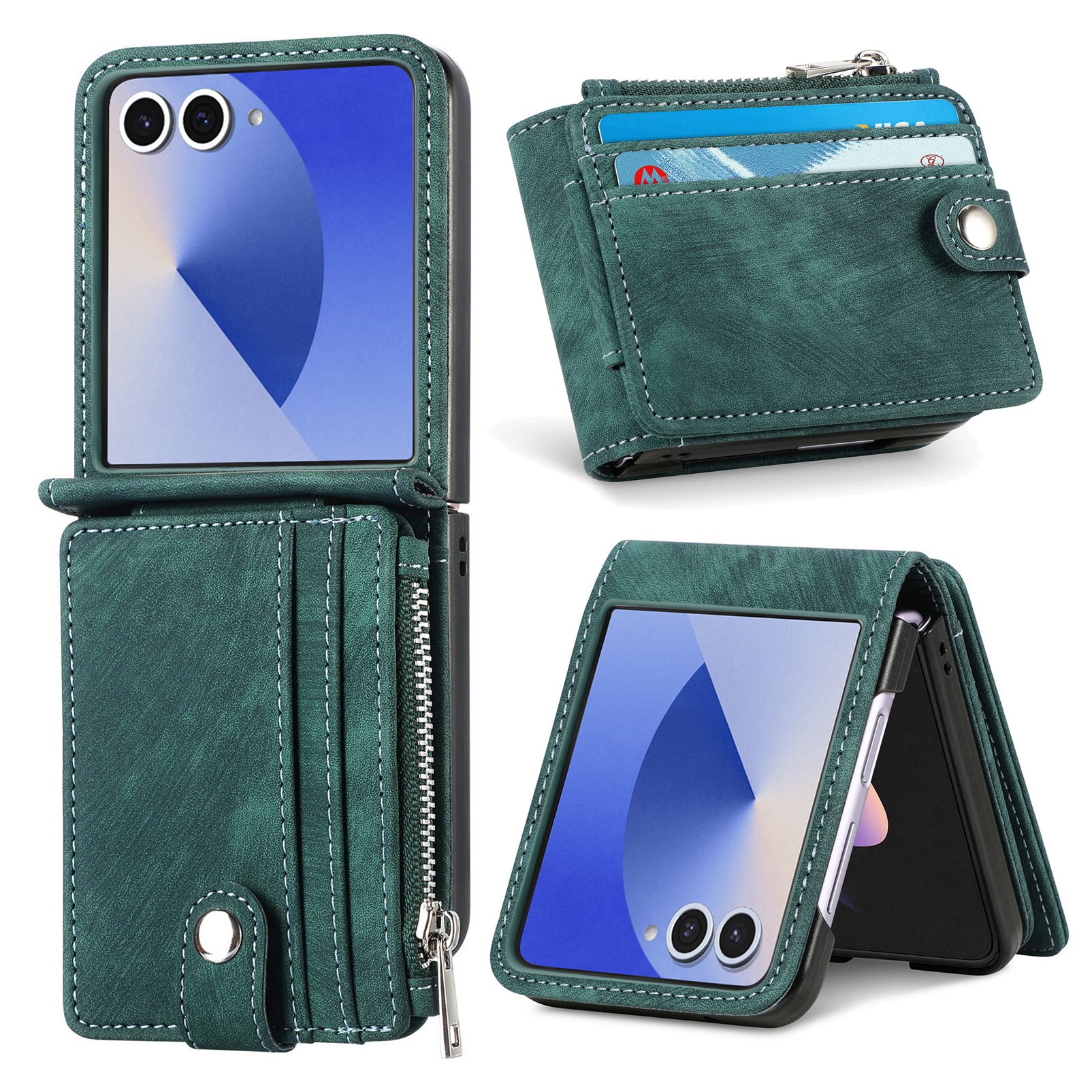 Samsung Galaxy Z Flip 7 Pung-etui med kortholdere og lynlås Grøn