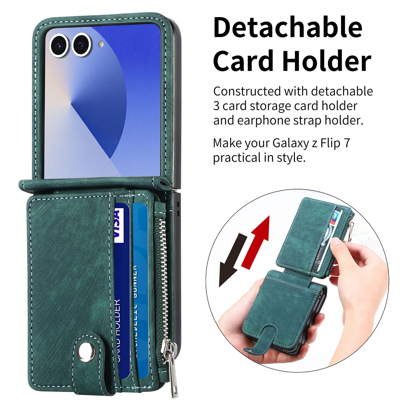 Samsung Galaxy Z Flip 7 Pung-etui med kortholdere og lynlås Grøn