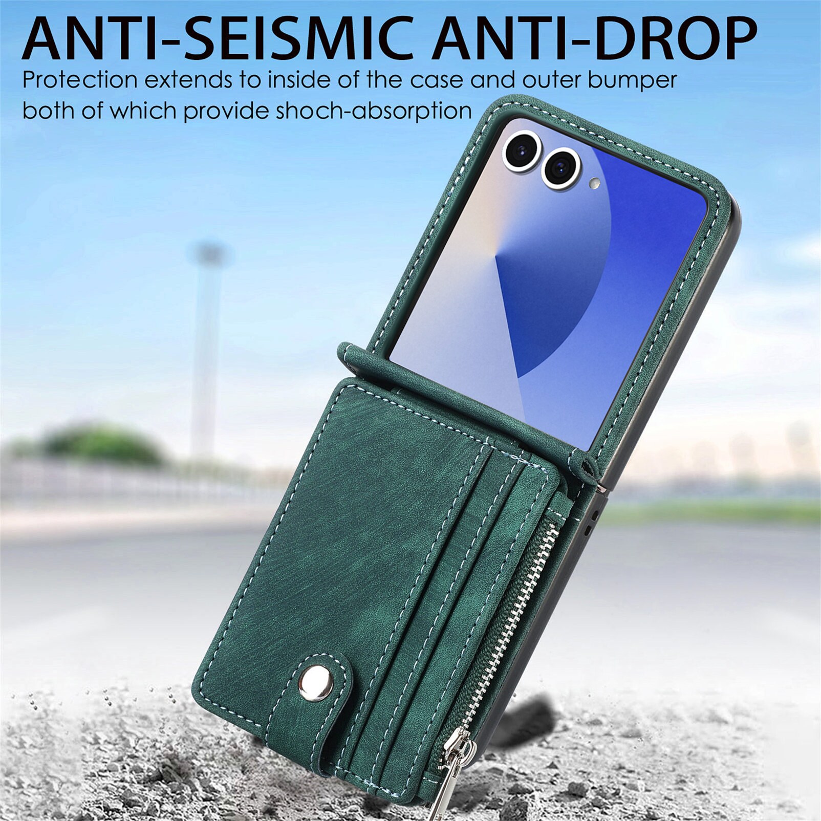 Samsung Galaxy Z Flip 7 Pung-etui med kortholdere og lynlås Grøn
