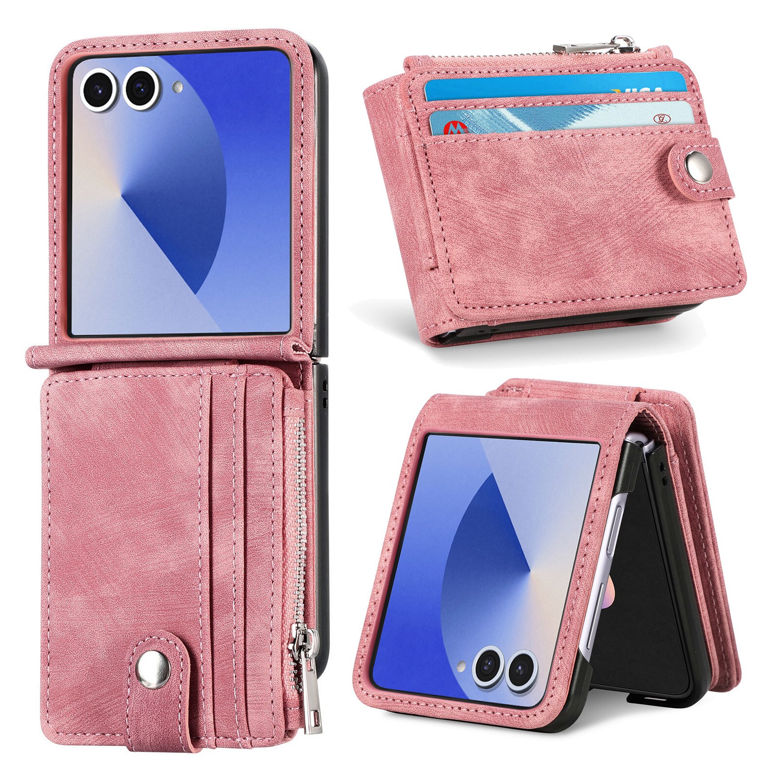 Samsung Galaxy Z Flip 7 Pung-etui med kortholdere og lynlås Lyserød