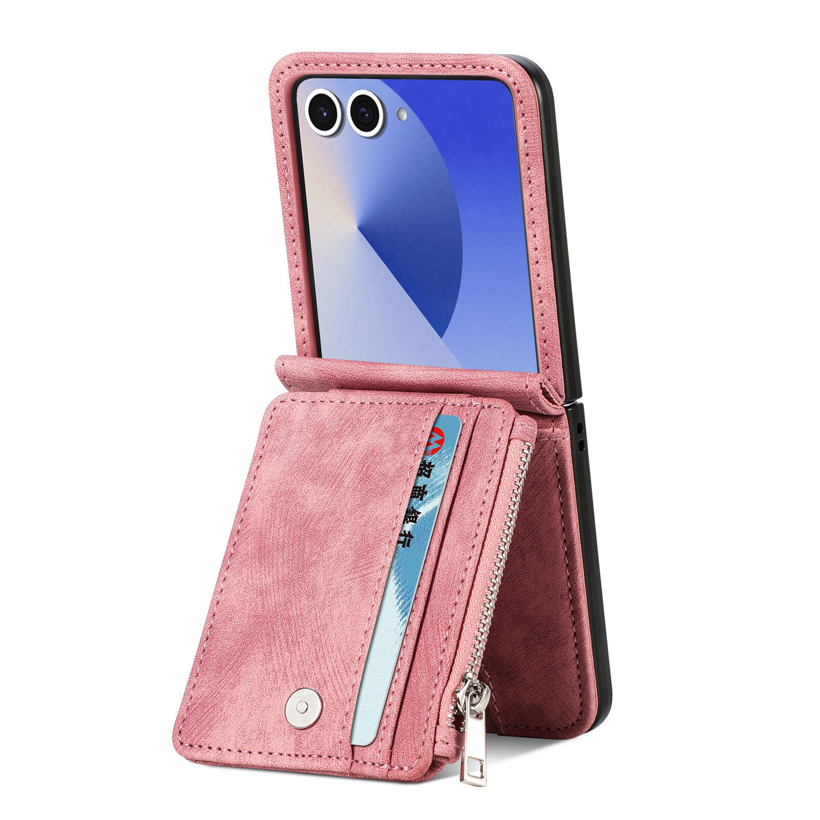 Samsung Galaxy Z Flip 7 Pung-etui med kortholdere og lynlås Lyserød