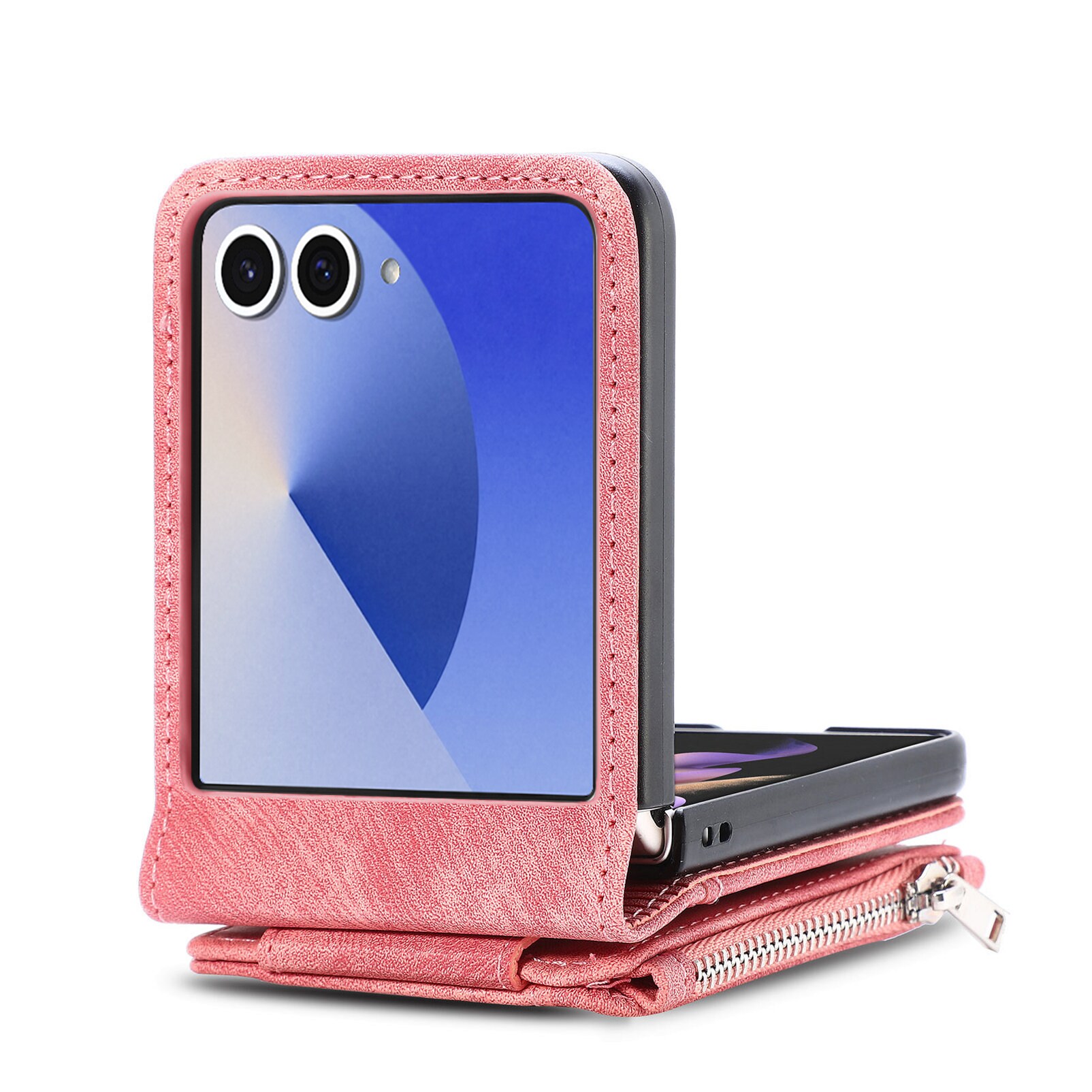 Samsung Galaxy Z Flip 7 Pung-etui med kortholdere og lynlås Lyserød