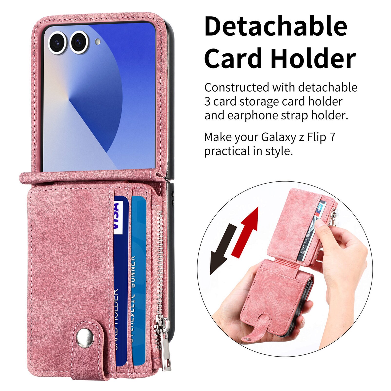 Samsung Galaxy Z Flip 7 Pung-etui med kortholdere og lynlås Lyserød