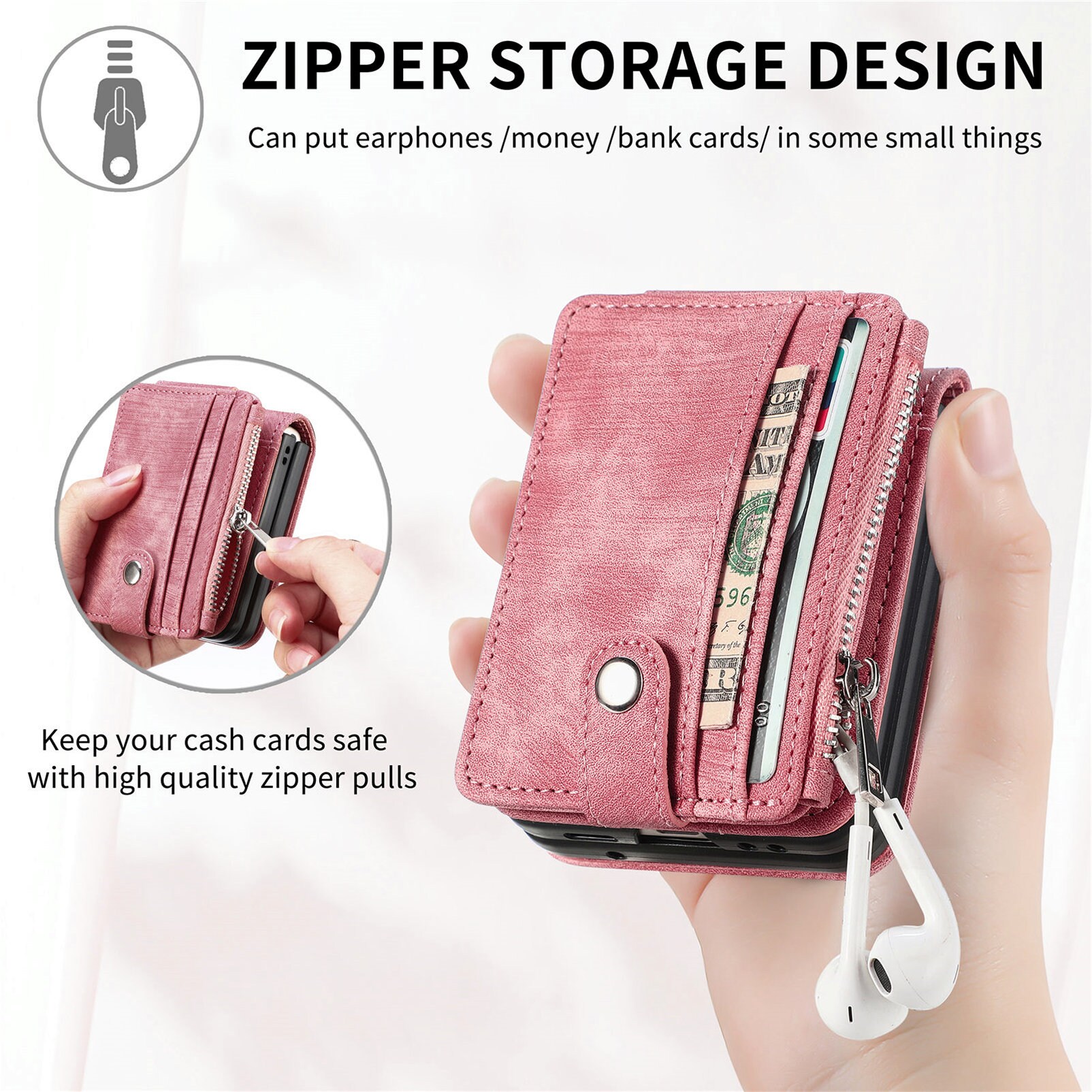 Samsung Galaxy Z Flip 7 Pung-etui med kortholdere og lynlås Lyserød