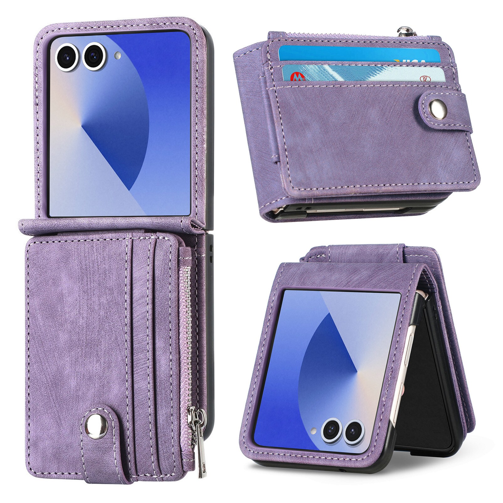 Samsung Galaxy Z Flip 7 Pung-etui med kortholdere og lynlås Lilla