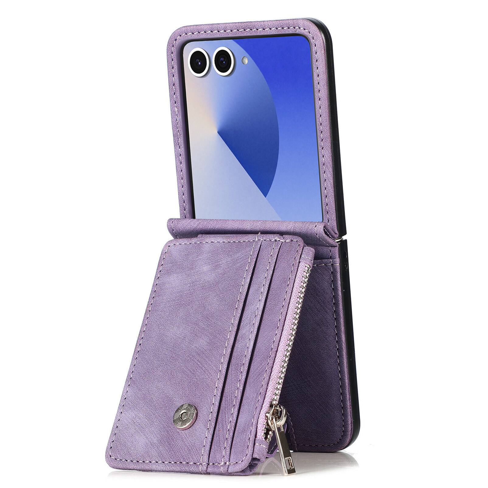 Samsung Galaxy Z Flip 7 Pung-etui med kortholdere og lynlås Lilla