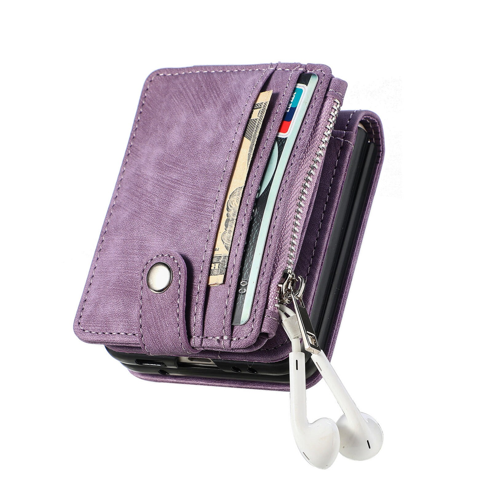 Samsung Galaxy Z Flip 7 Pung-etui med kortholdere og lynlås Lilla