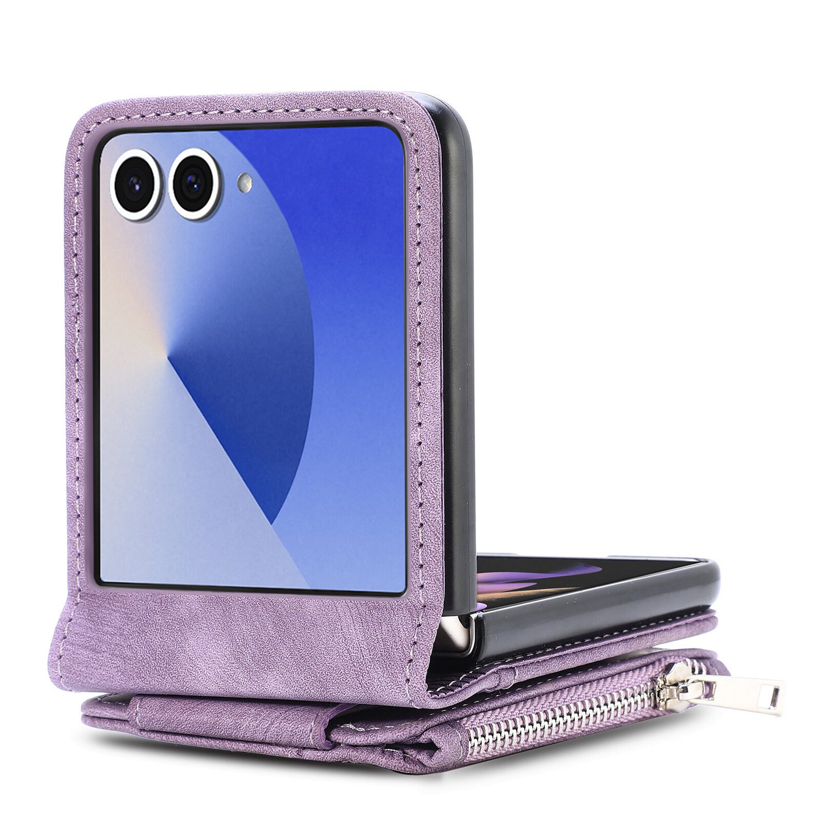 Samsung Galaxy Z Flip 7 Pung-etui med kortholdere og lynlås Lilla