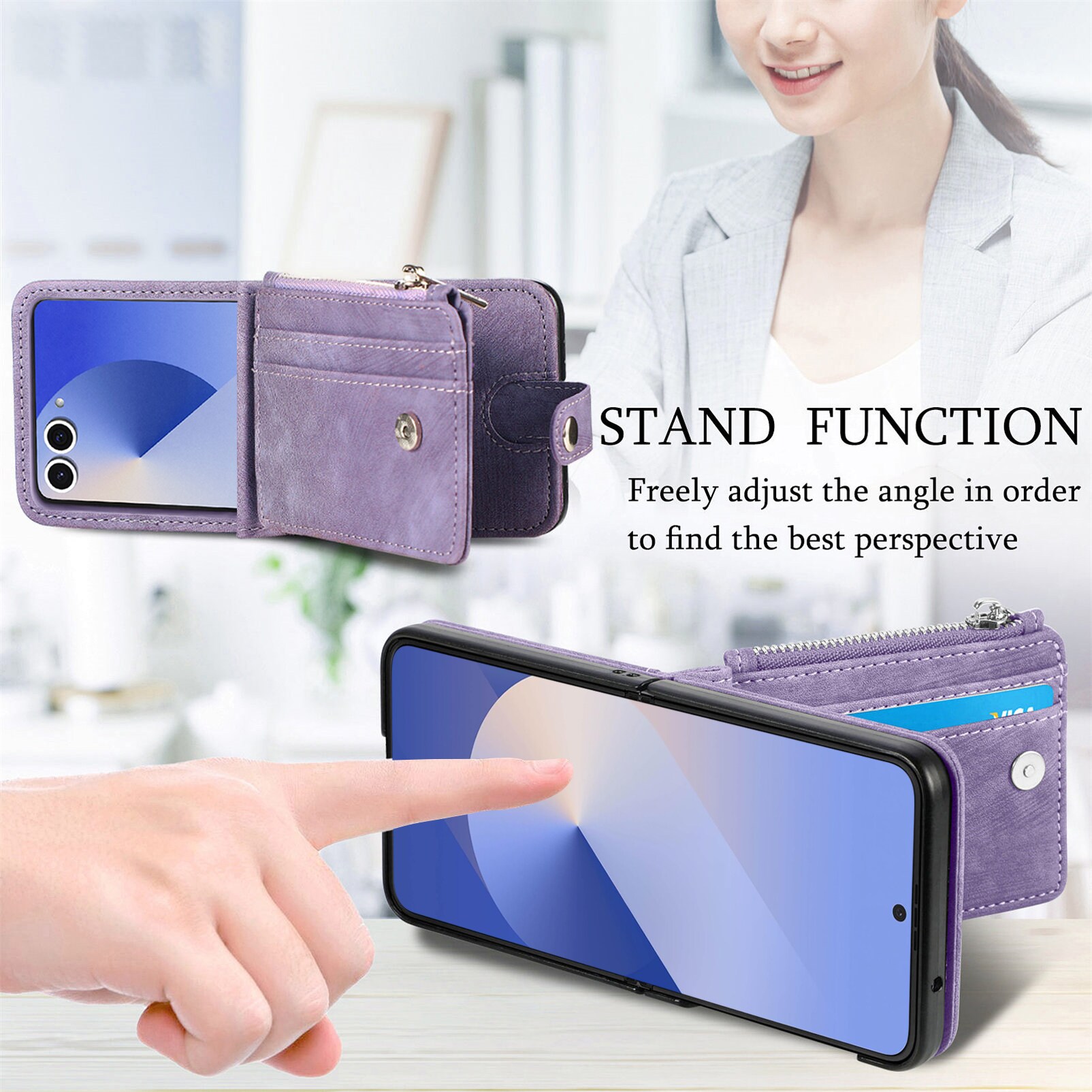 Samsung Galaxy Z Flip 7 Pung-etui med kortholdere og lynlås Lilla