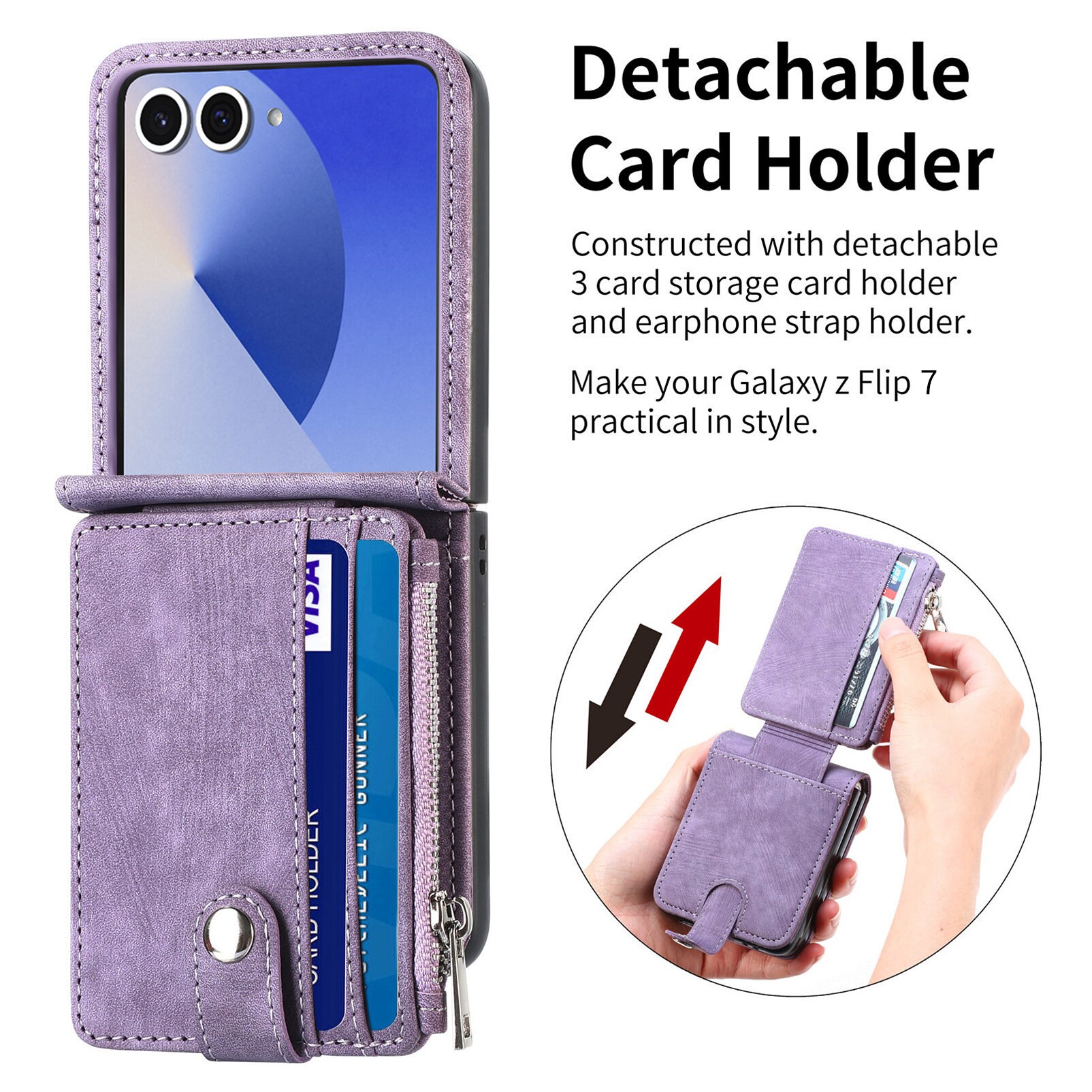 Samsung Galaxy Z Flip 7 Pung-etui med kortholdere og lynlås Lilla