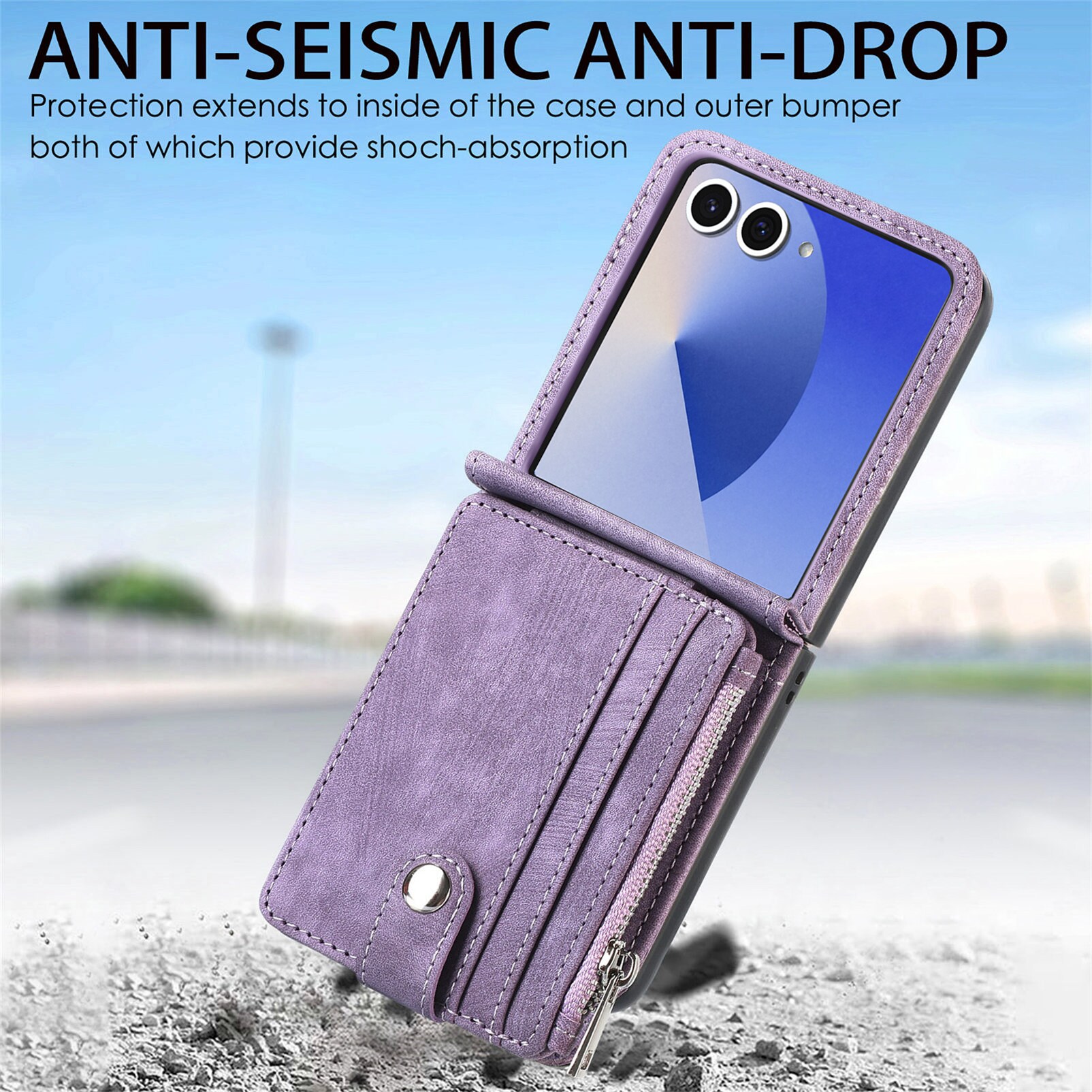 Samsung Galaxy Z Flip 7 Pung-etui med kortholdere og lynlås Lilla