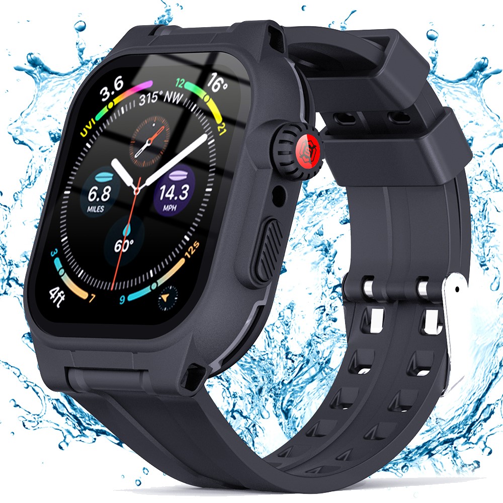 Apple Watch Series 9 45mm Vandtæt cover med armbånd i silikone, Sort