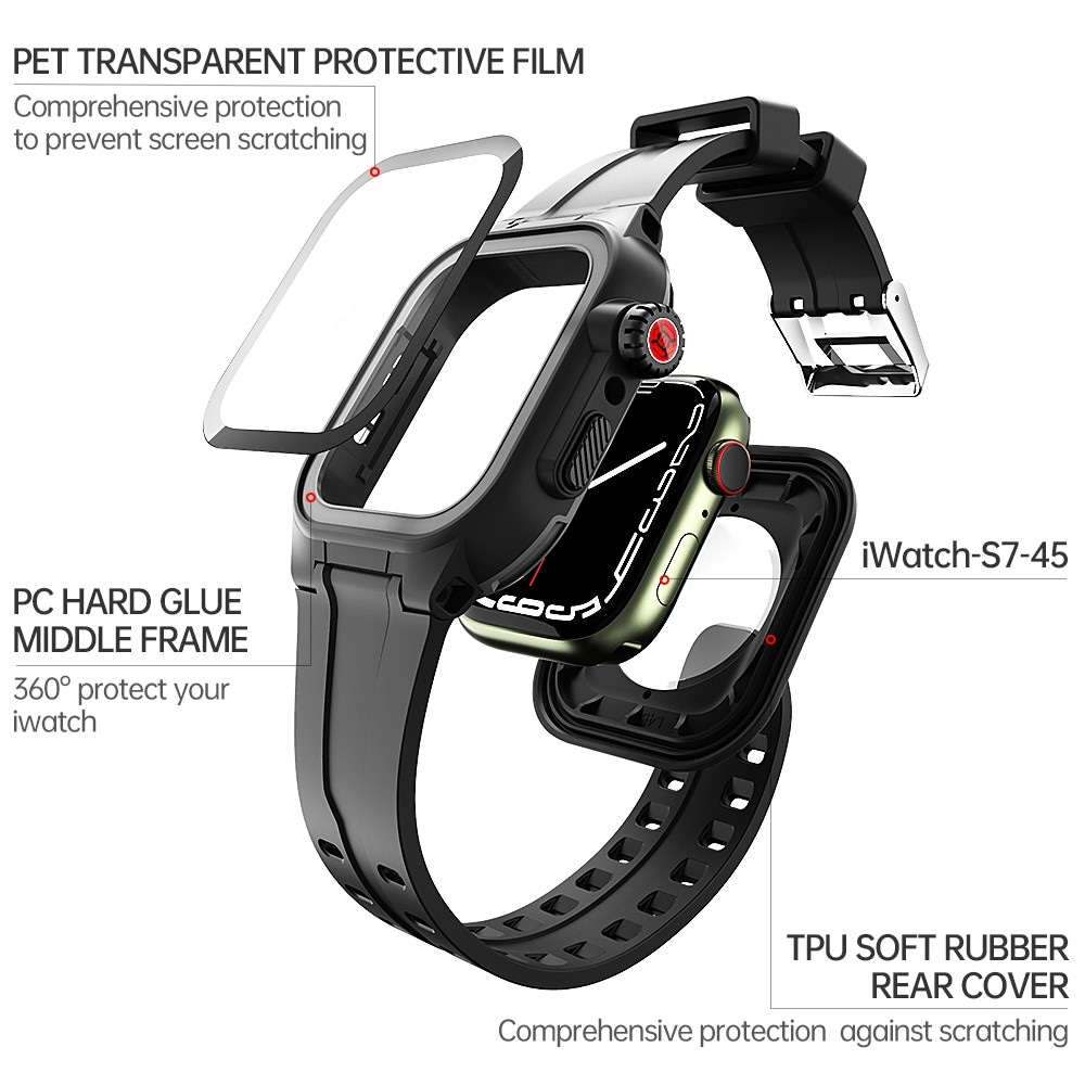 Apple Watch Series 9 45mm Vandtæt cover med armbånd i silikone, Sort