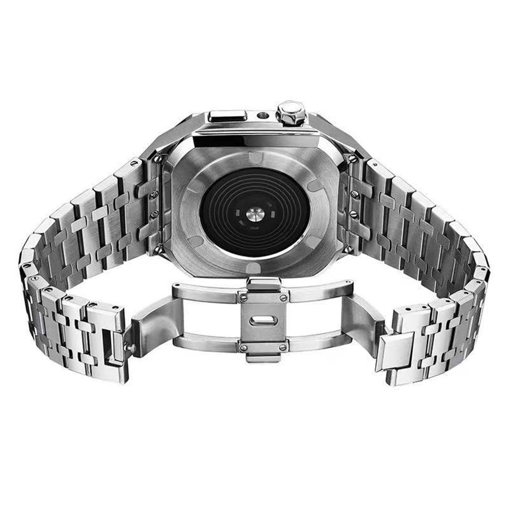 Apple Watch SE 44mm Robust armbånd med indbygget cover Full Metal, Sølv