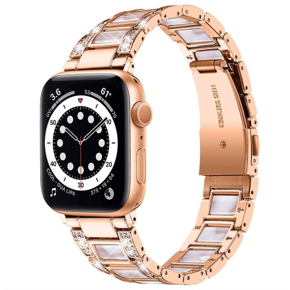 Apple Watch Series 11 42mm Armbånd i metal med fine sten, Rosegold Pearl