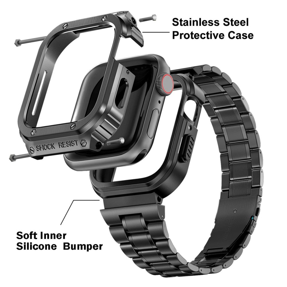 Apple Watch SE 44mm Robust armbånd med indbygget cover Full Metal, Sort
