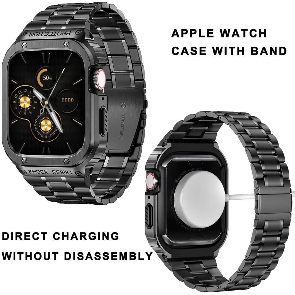 Apple Watch SE 44mm Robust armbånd med indbygget cover Full Metal, Sort