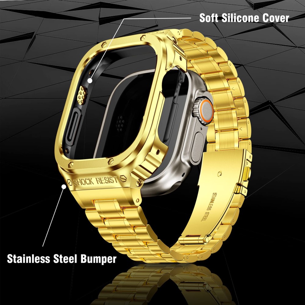 Apple Watch SE 44mm Robust armbånd med indbygget cover Full Metal, Guld