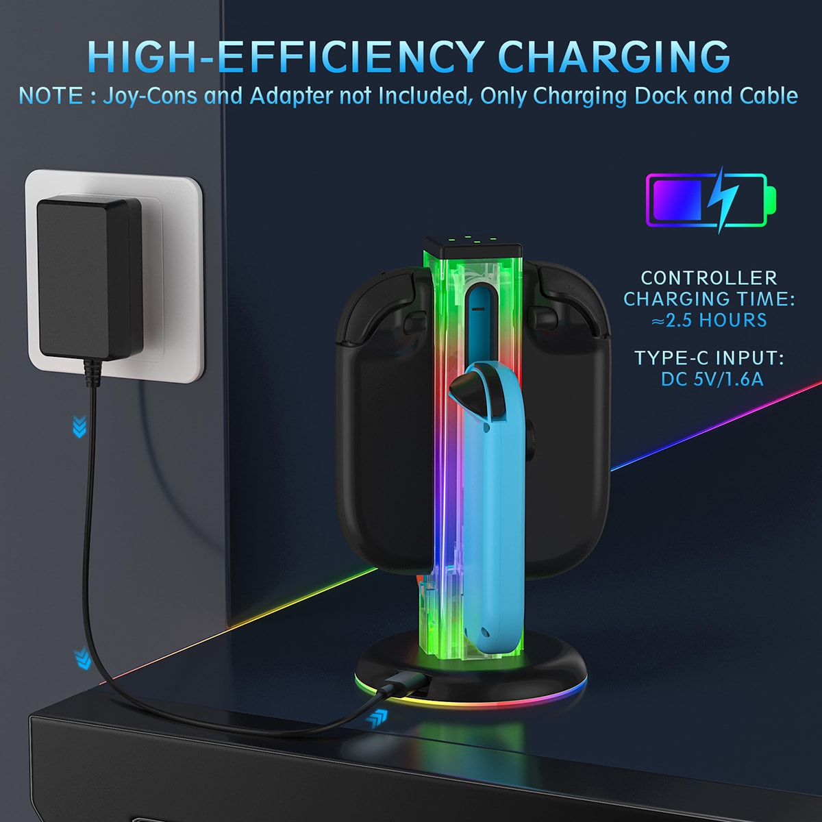 Nintendo Switch Joy-Con opladningsstation med RGB-belysning, Sort