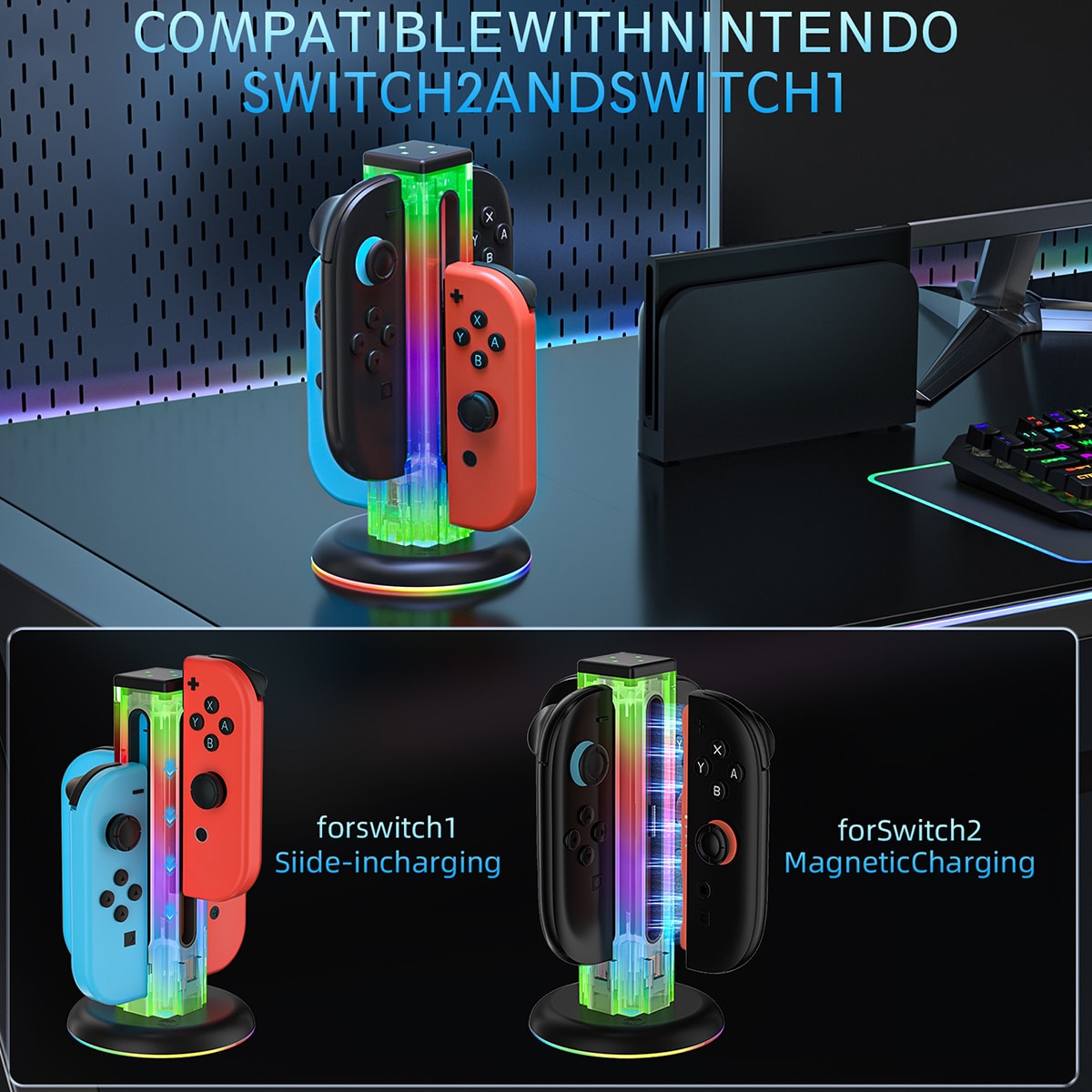 Nintendo Switch Joy-Con opladningsstation med RGB-belysning, Sort