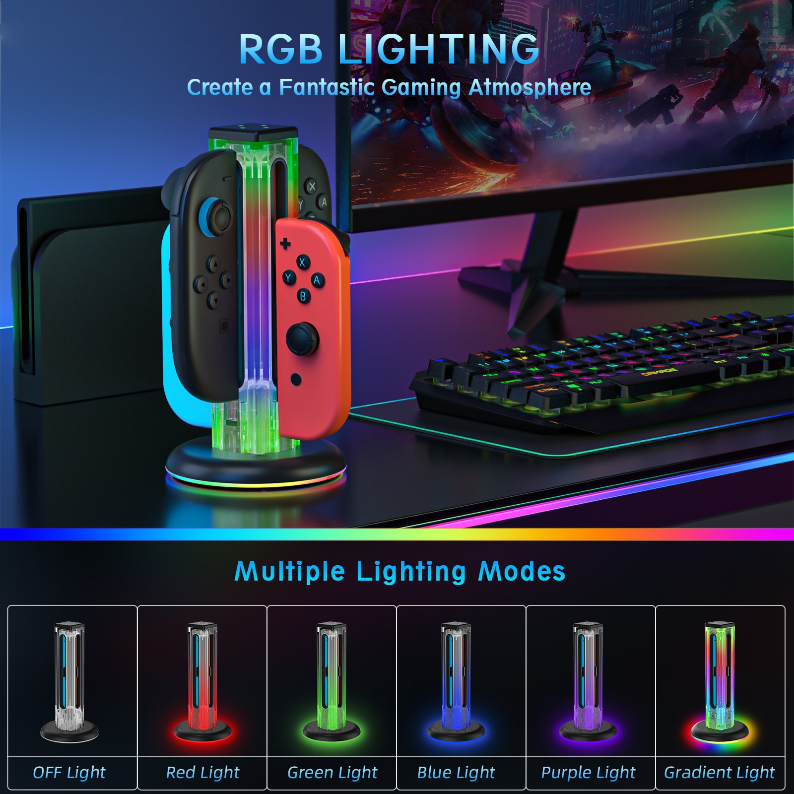 Nintendo Switch Joy-Con opladningsstation med RGB-belysning, Sort