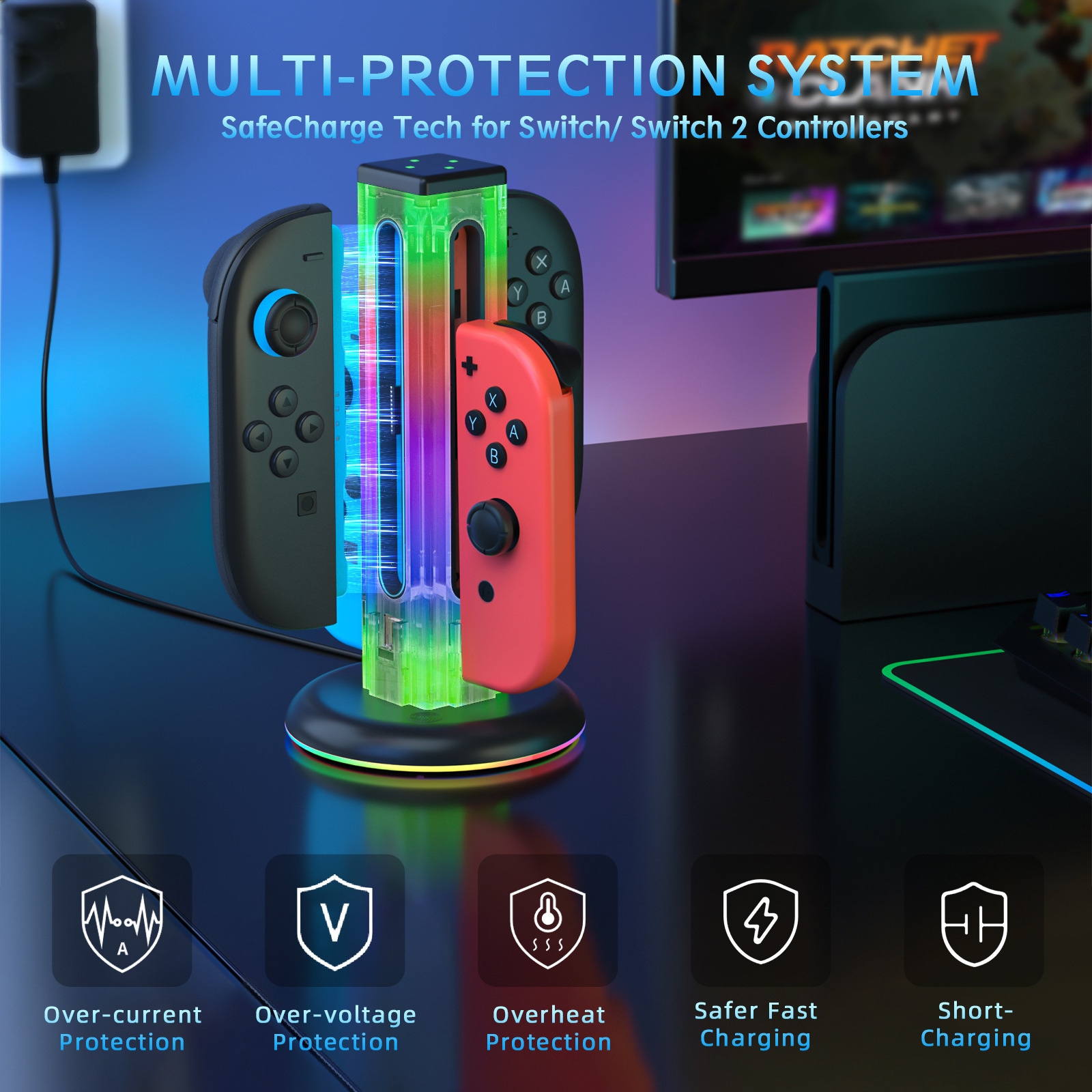 Nintendo Switch Joy-Con opladningsstation med RGB-belysning, Sort