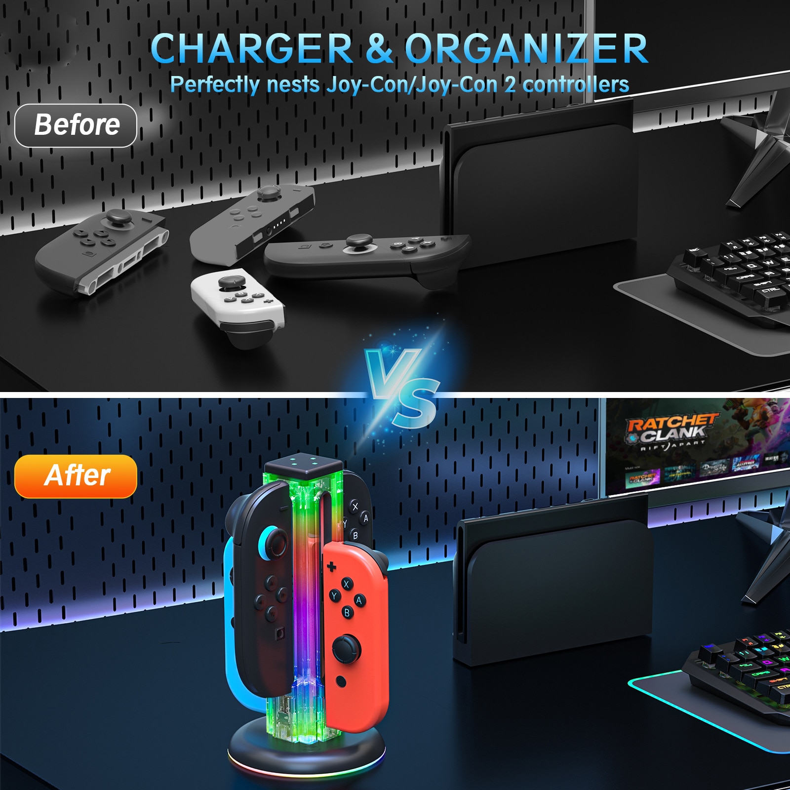 Nintendo Switch Joy-Con opladningsstation med RGB-belysning, Sort