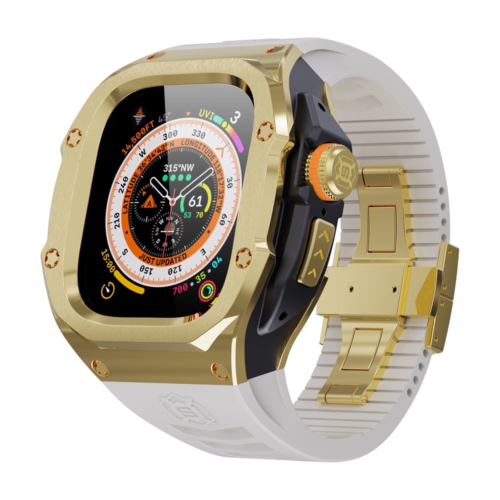 Apple Watch Ultra 49mm 2nd Gen High Brushed Metal Cover+Armbånd, Gold/White