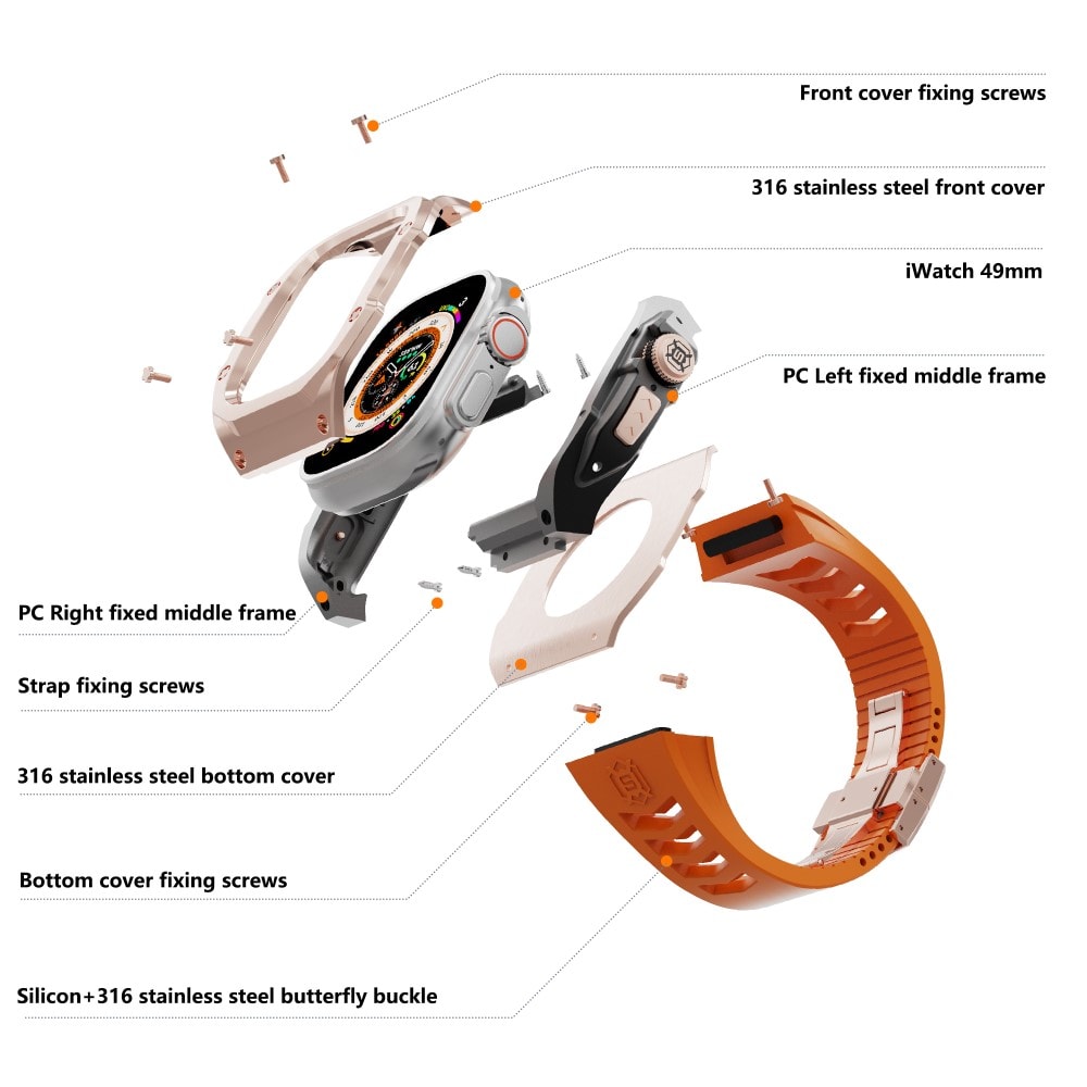 Apple Watch Ultra 49mm 2nd Gen High Brushed Metal Cover+Armbånd, Rose/Orange