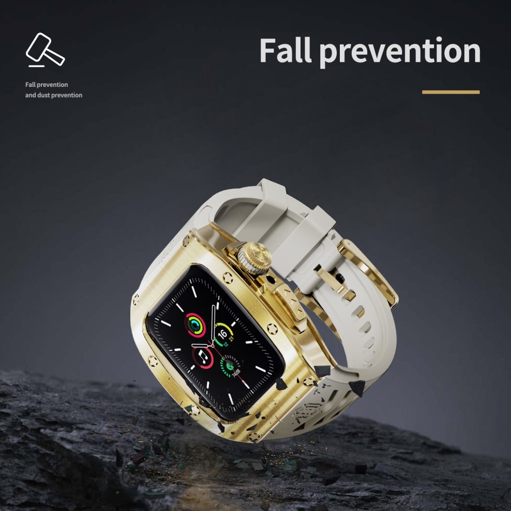 Apple Watch Series 4-6 44mm High Brushed Metal Cover+Armbånd, Gold/White