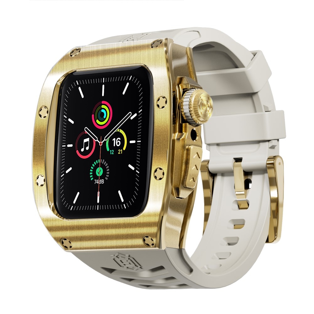 Apple Watch Series 4-6 44mm High Brushed Metal Cover+Armbånd, Gold/White
