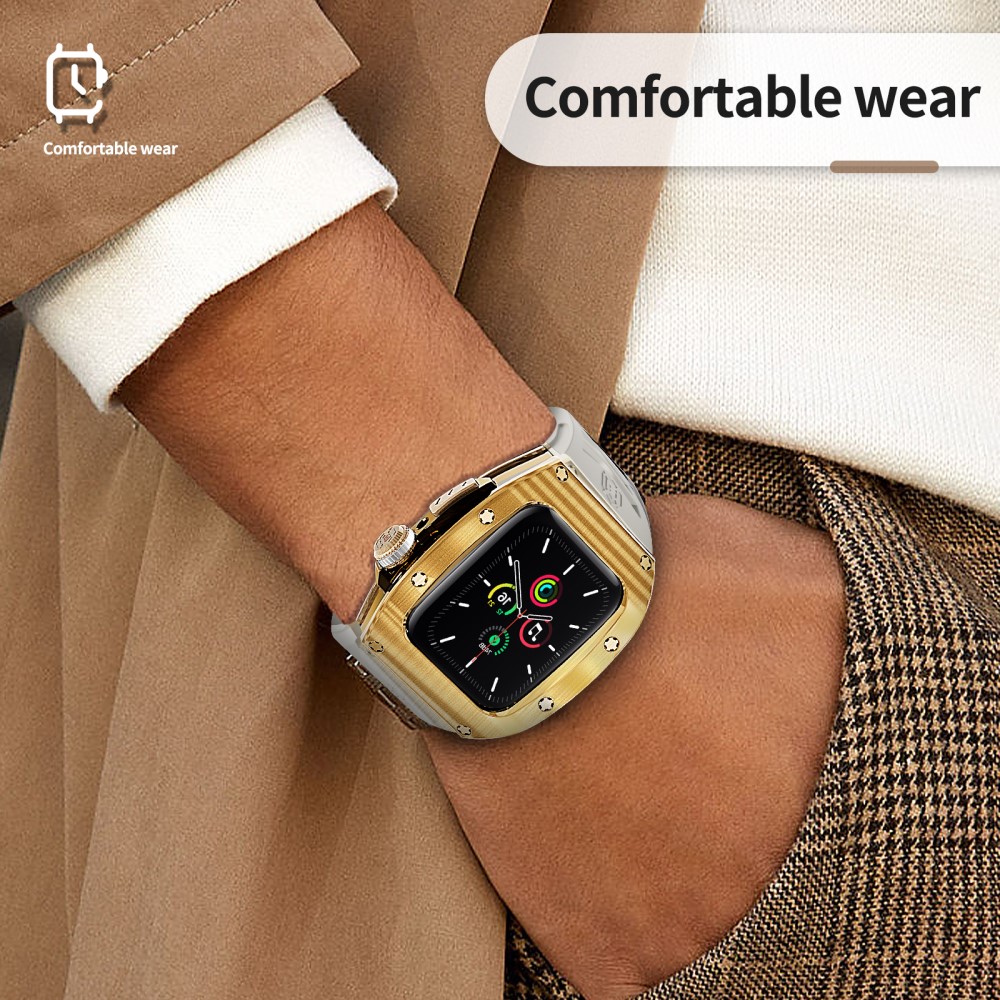 Apple Watch Series 4-6 44mm High Brushed Metal Cover+Armbånd, Gold/White