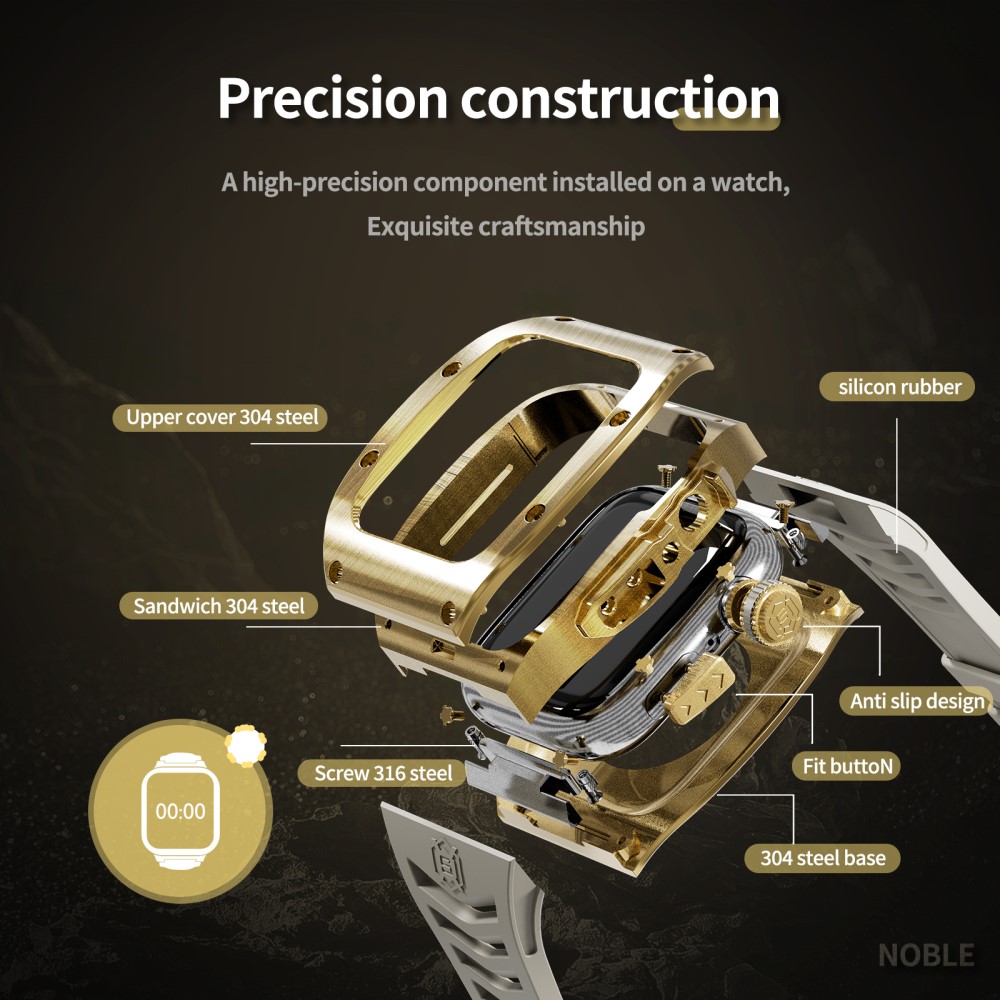 Apple Watch Series 4-6 44mm High Brushed Metal Cover+Armbånd, Gold/White