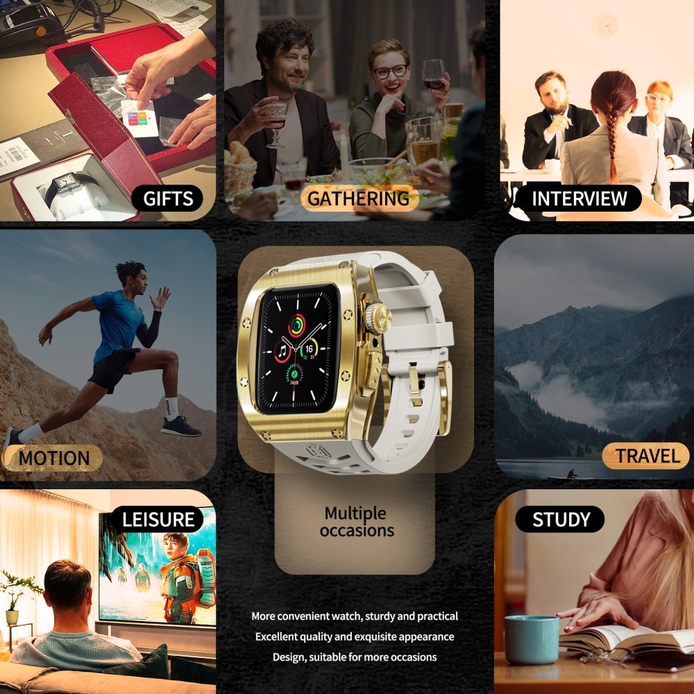 Apple Watch Series 4-6 44mm High Brushed Metal Cover+Armbånd, Gold/White