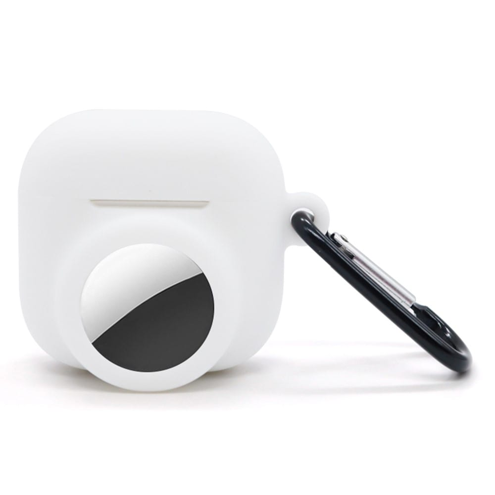 Apple AirTag/AirPods 4 Silikonecover med AirTag-holder + karabinhage, Hvid
