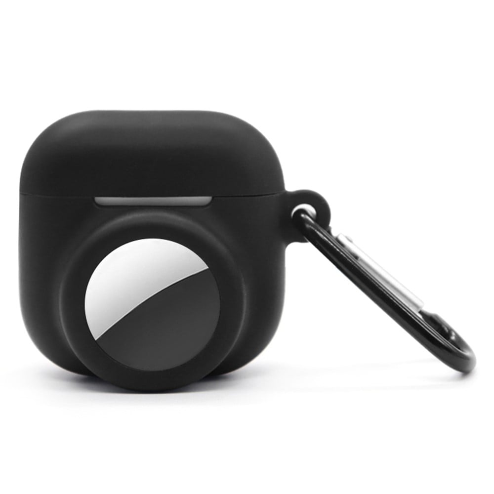 Apple AirTag/AirPods 4 Silikonecover med AirTag-holder + karabinhage, Sort