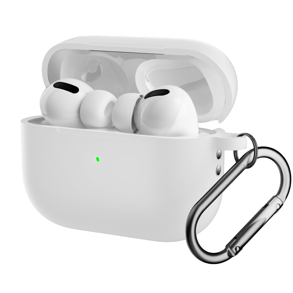 Apple AirPods Pro 2 Silikonecover + karabinhage, Hvid