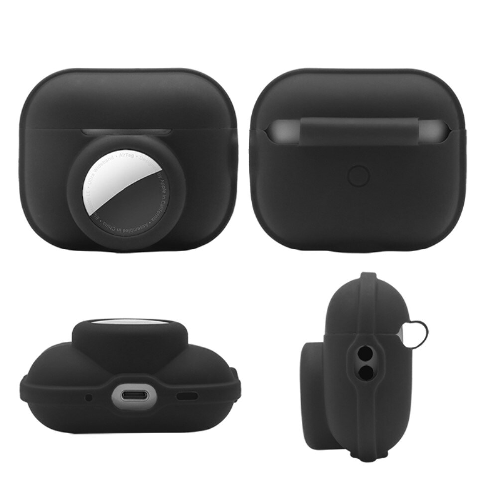 Apple AirTag/AirPods Pro 2 Silikonecover med AirTag-holder + karabinhage, Sort