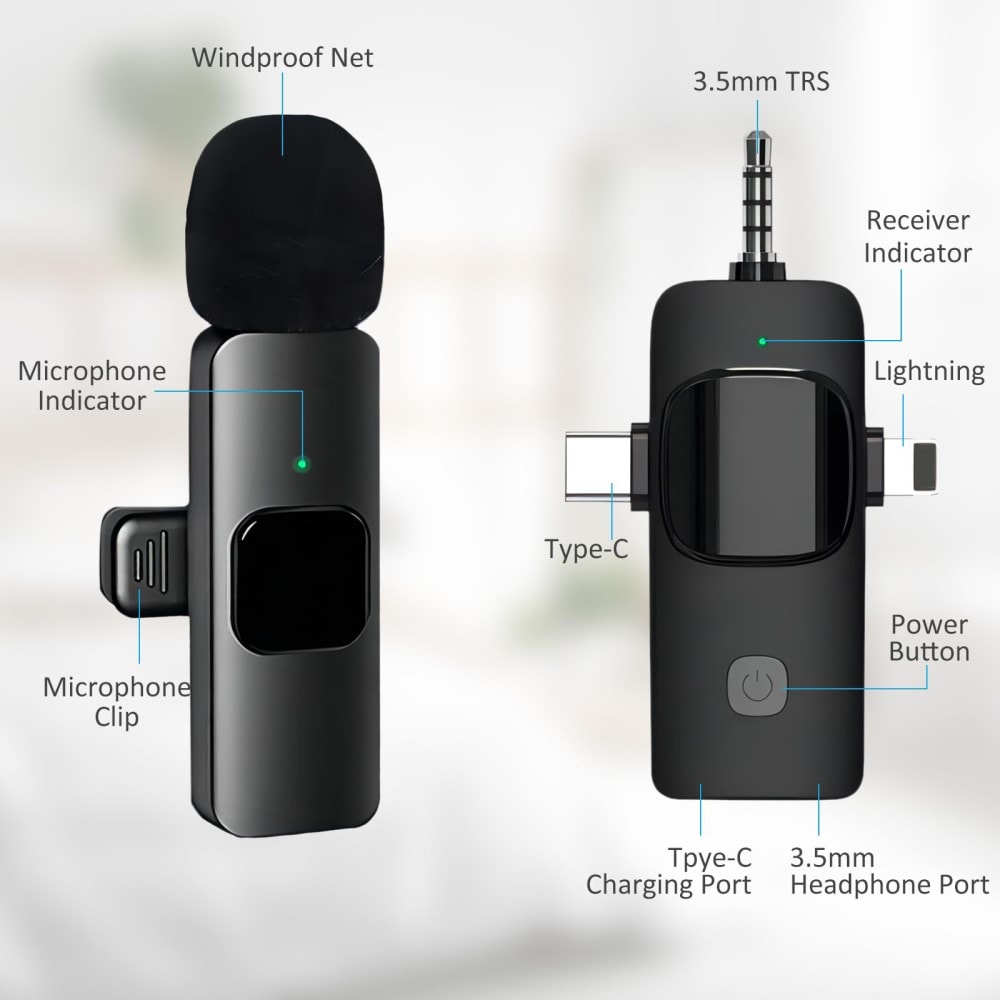 2 små trådløse mikrofoner med modtager USB-C og Lightning, Sort