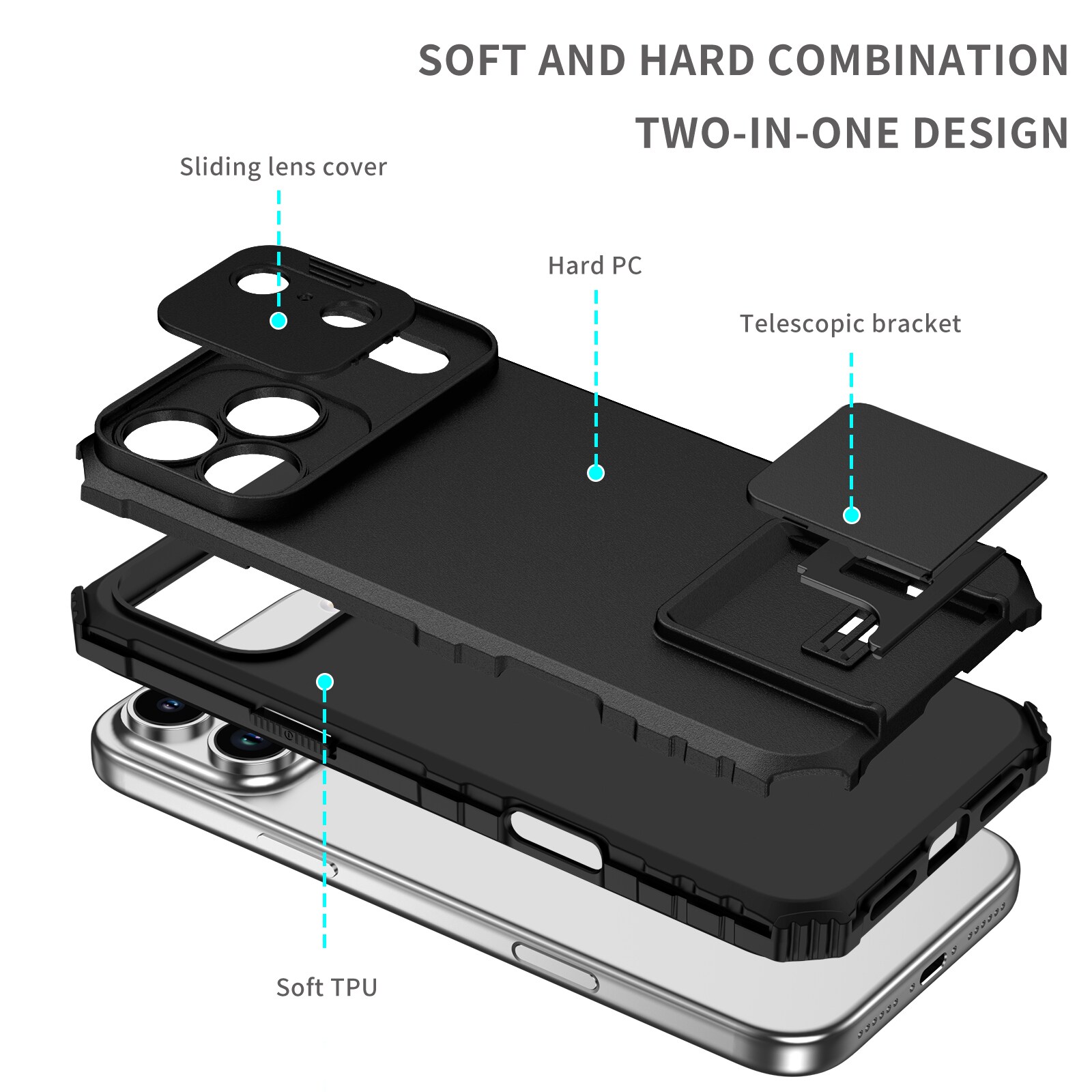 iPhone 17 Pro Cover med Kickstand & Kamerabeskyttelse, Sort