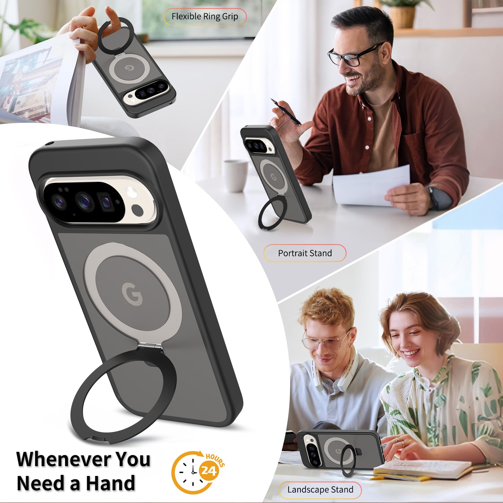 Google Pixel 9 Pro XL Magnetic hybridcover med stativfunktion, Sort