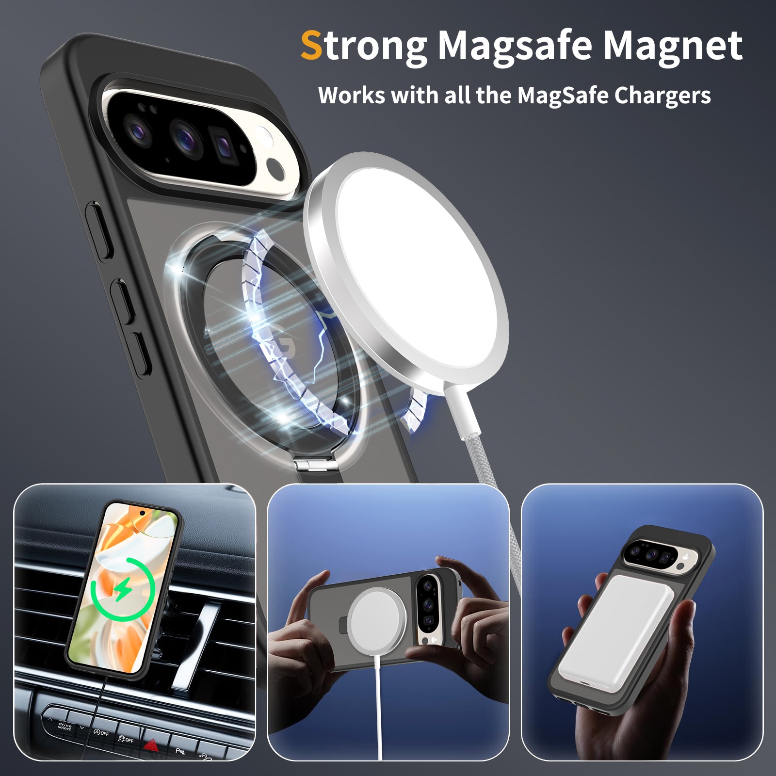 Google Pixel 9 Pro XL Magnetic hybridcover med stativfunktion, Sort