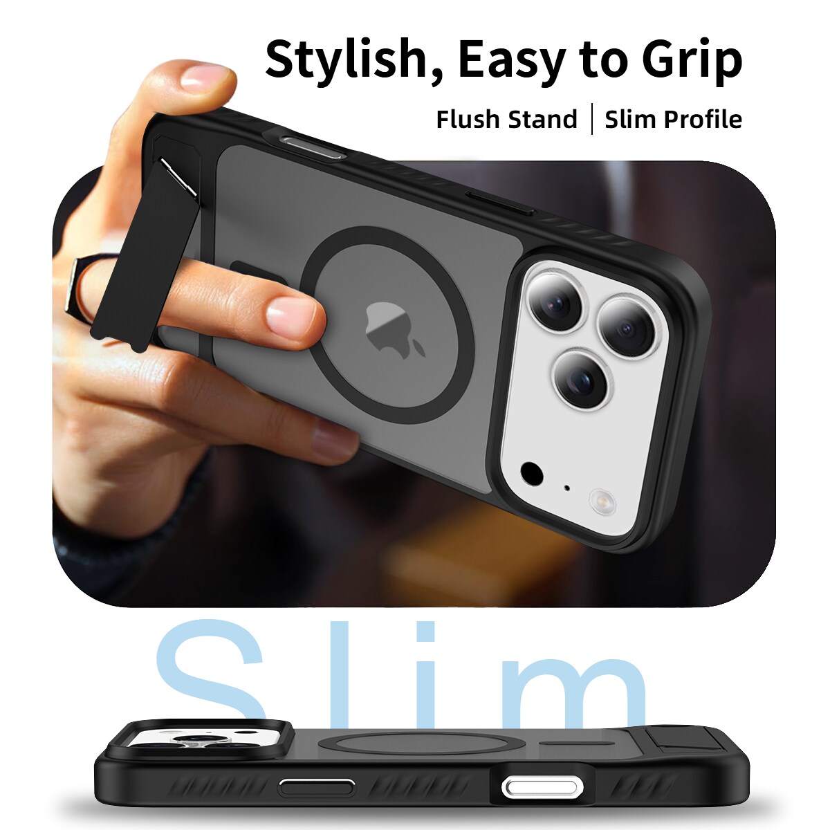 iPhone 17 Pro Magnetisk hybridcover med indbygget stativ , Sort