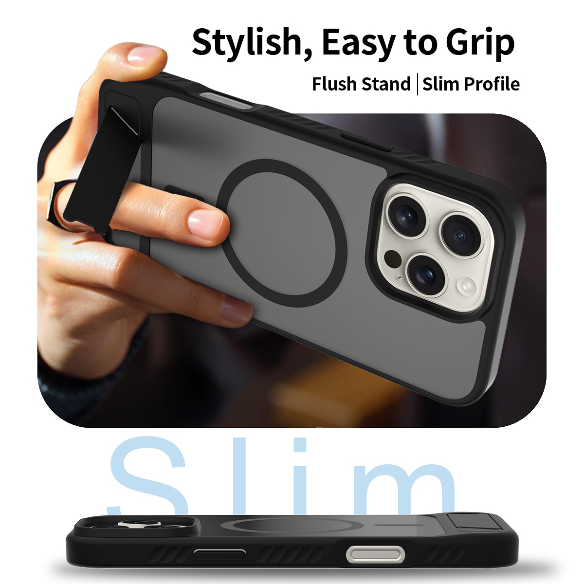 iPhone 17 Magnetisk hybridcover med indbygget stativ , Sort