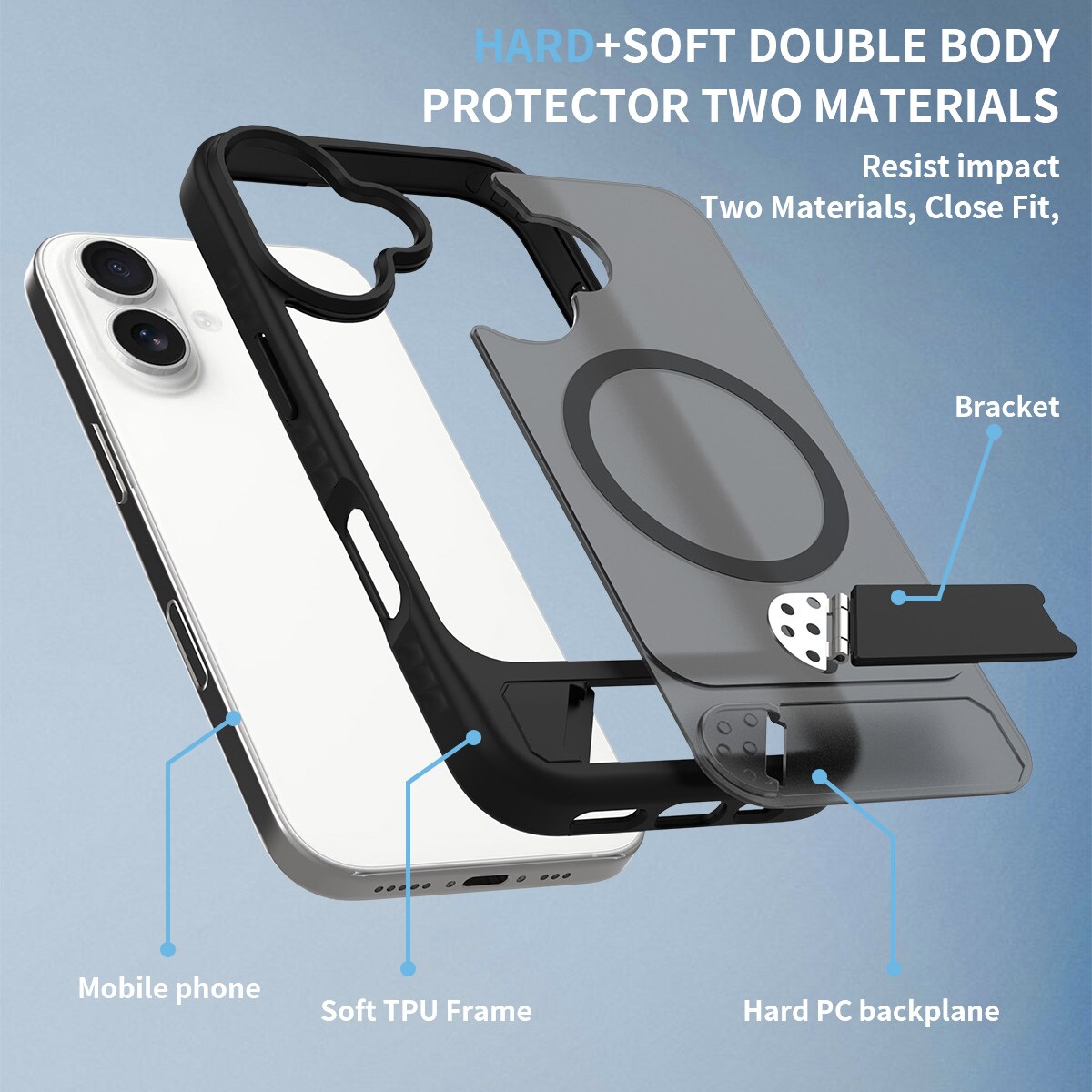 iPhone 16 Magnetisk hybridcover med indbygget stativ , Sort