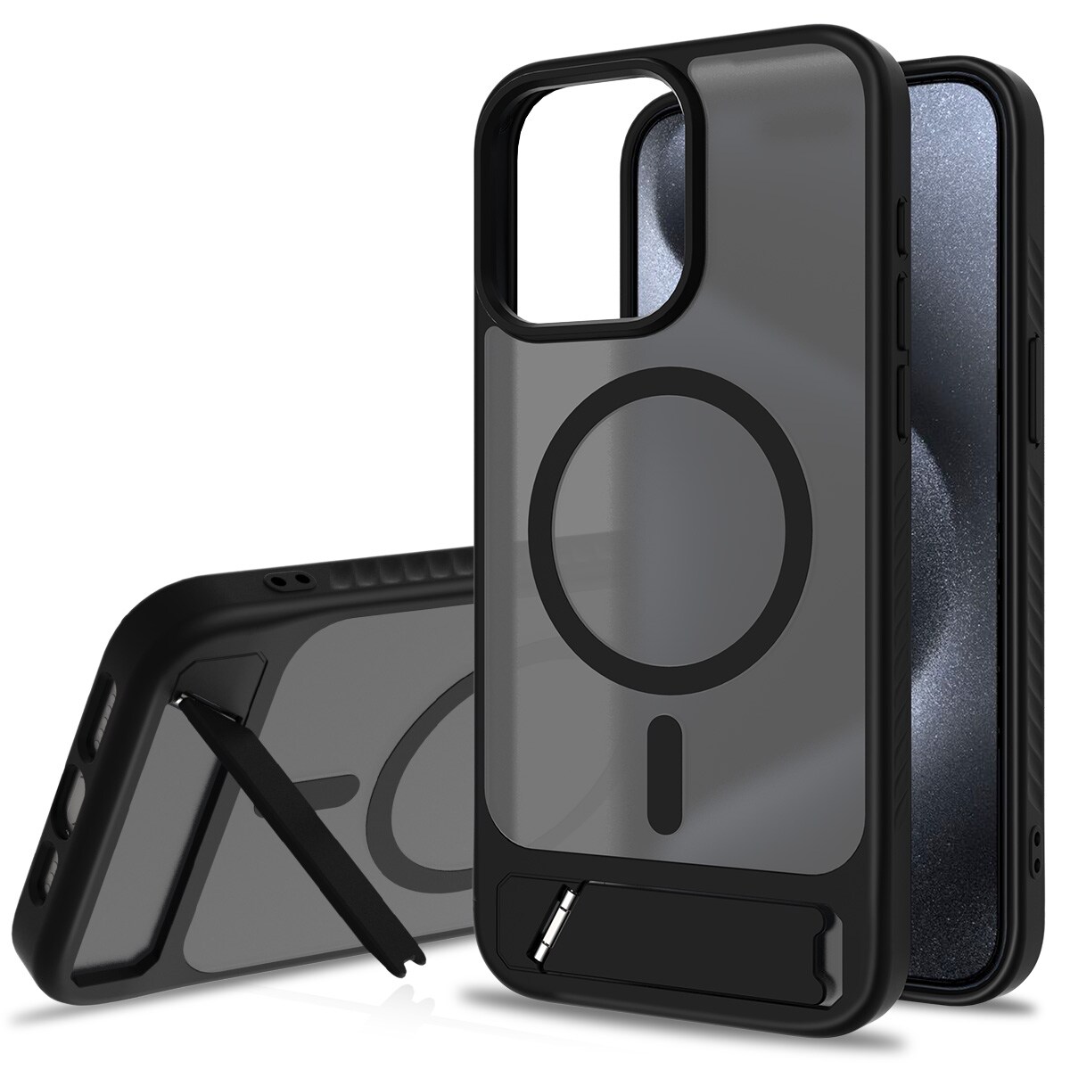 iPhone 15 Pro Max Magnetisk hybridcover med indbygget stativ , Sort
