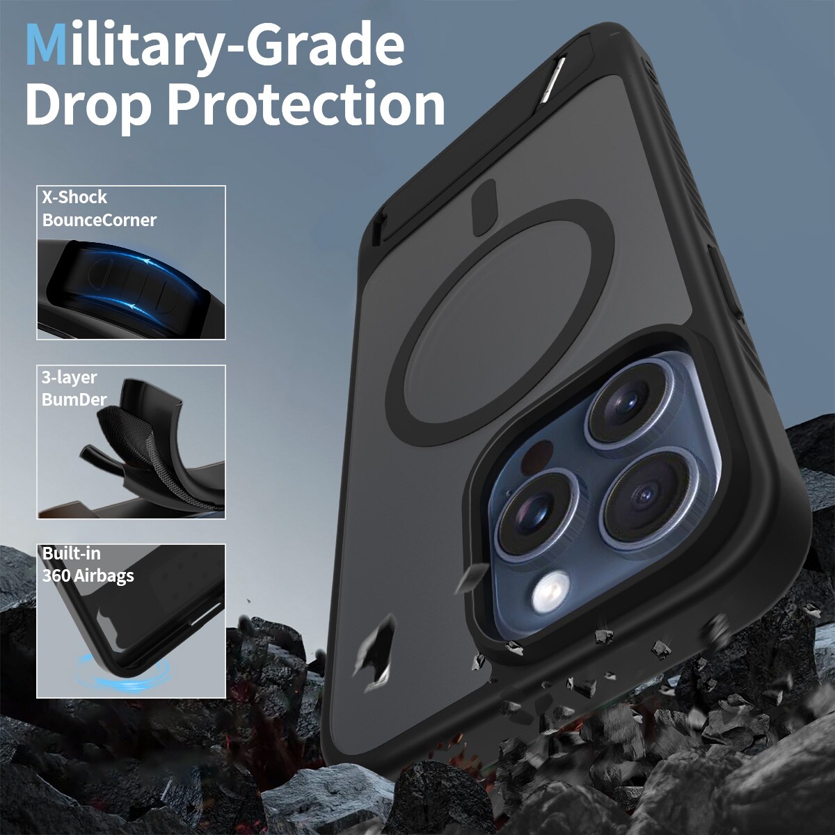 iPhone 15 Pro Max Magnetisk hybridcover med indbygget stativ , Sort