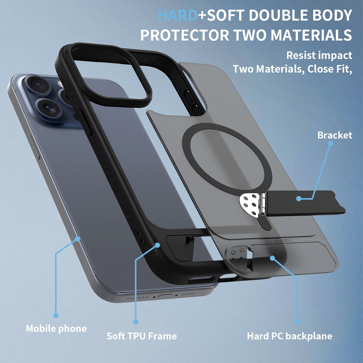 iPhone 15 Pro Max Magnetisk hybridcover med indbygget stativ , Sort